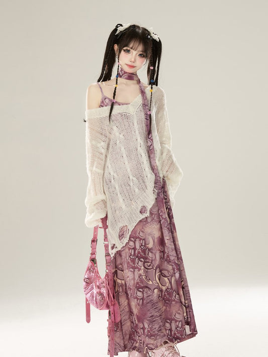 Hem Hollow-out White with Distressed V-Neck Knit Top Hole