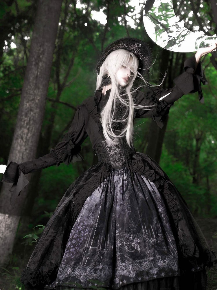 Sleeves Collar Lolita Long Shirt with Ruffles Black Sharp Gothic
