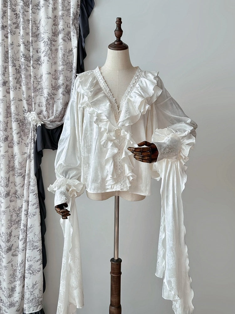 Lange Rüschenärmel V-Ausschnitt Shirt Gothic Weiß Strukturiert Lolita
