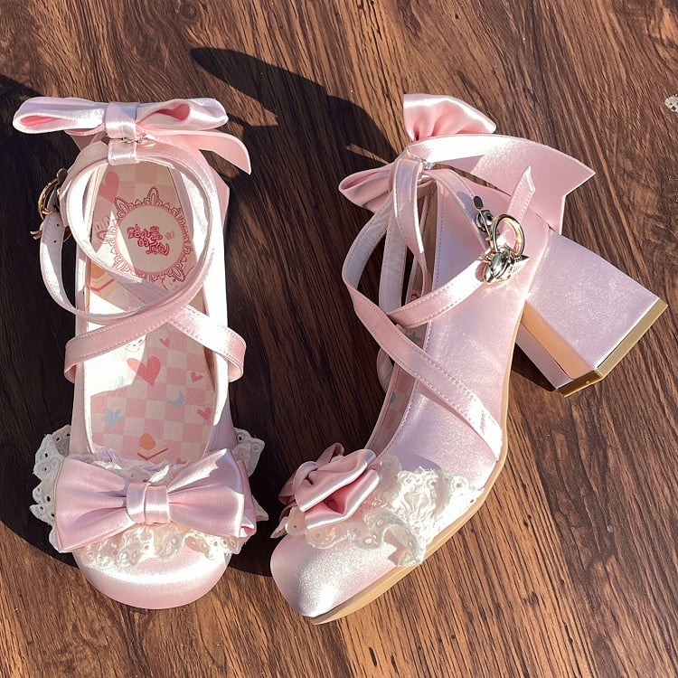 Pink Satin Hime Lolita Mid-Heel Mary Janes with Lace Bow & Ice Cream Clasp - LU XIAO MAN