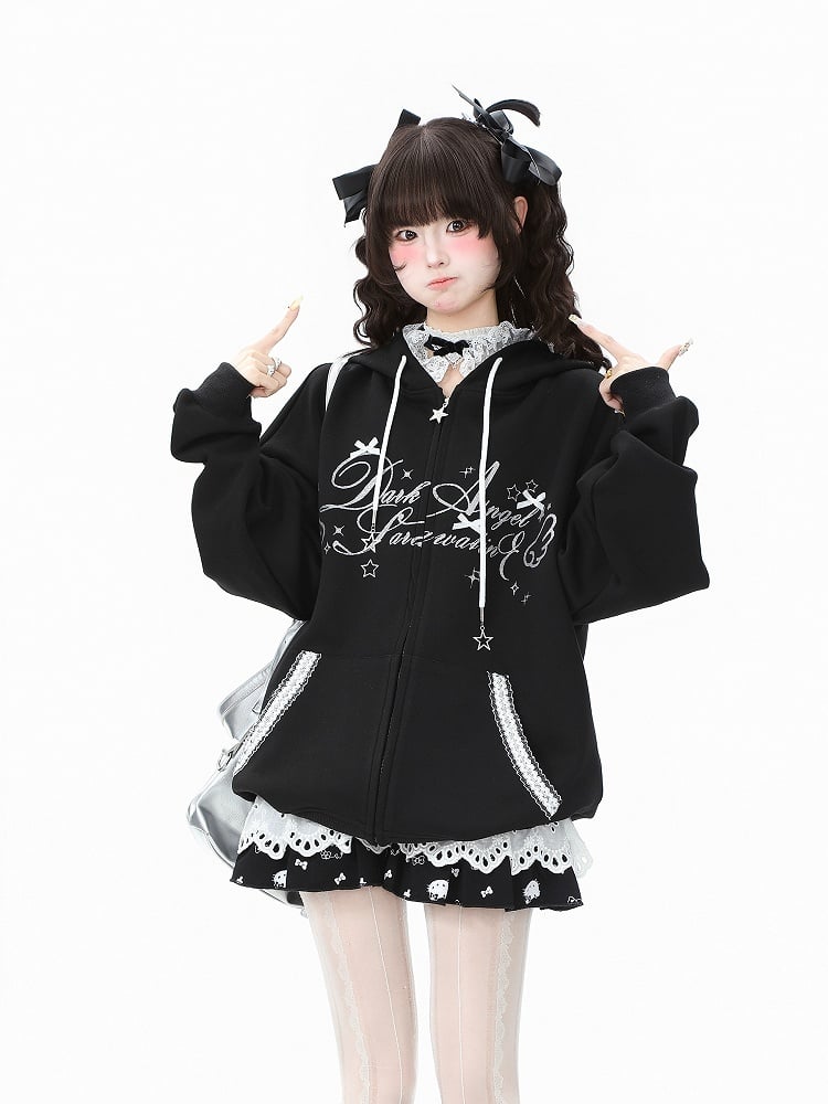 Accent with Bow Hoodie Letter Blue/Black/Pink and Print Lace-Trimmed