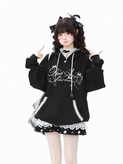 Accent with Bow Hoodie Letter Blue/Black/Pink and Print Lace-Trimmed