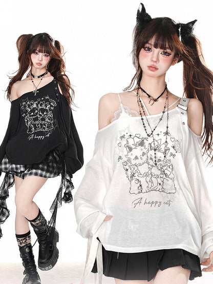 Schwarz/weißes, halbtransparentes Oberteil mit asymmetrischem Ausschnitt und langen Ärmeln