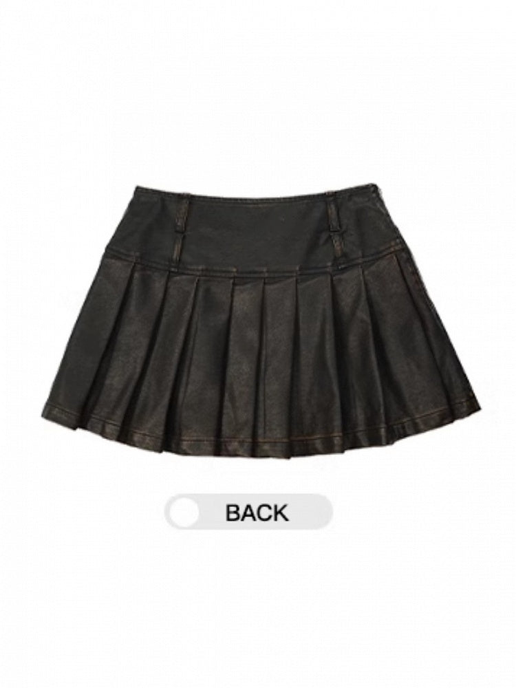 Mid-Rise Accents Spicy A-Line Metallic Black Chic PU Skirt Edgy Pleated with