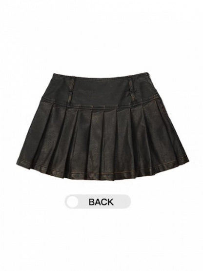 Mid-Rise Accents Spicy A-Line Metallic Black Chic PU Skirt Edgy Pleated with