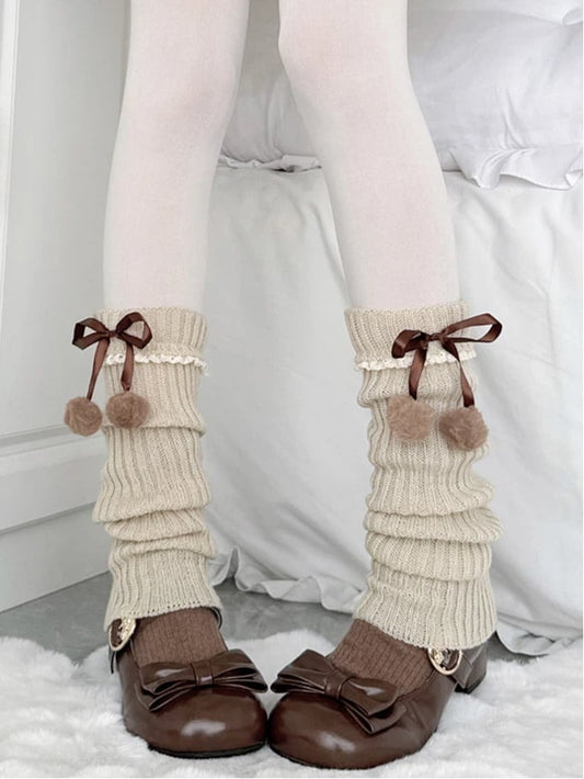 Lace Accents Khaki with Ribbed Bow-Pom Warmers Style) Trim (Sweet Elegant Brown Leg