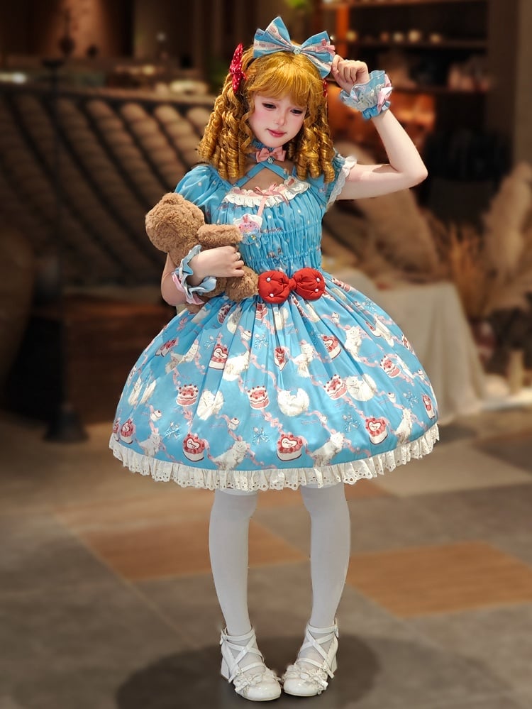 伸縮性のあるプリントのキティのスモックブルーのリボンのボディスロリータとピーススイートワン