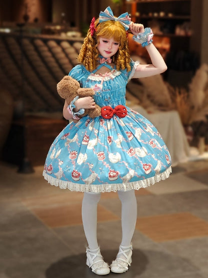 伸縮性のあるプリントのキティのスモックブルーのリボンのボディスロリータとピーススイートワン