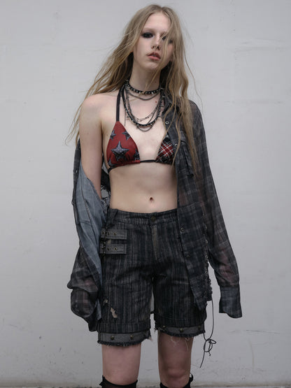 Star-Print Swimsuit Black Bikini with Punk Tie Set Plaid Details Red