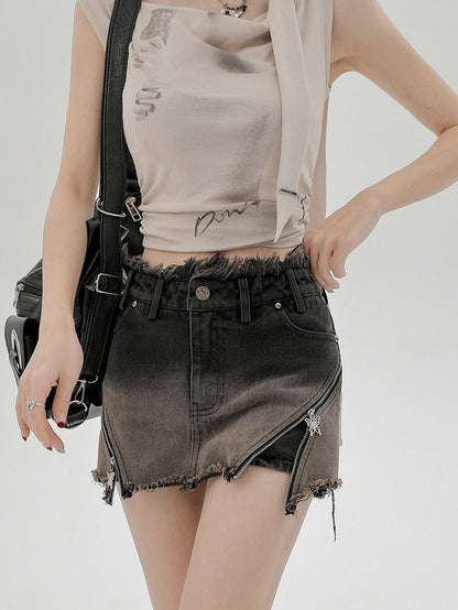 Denim High-waisted Shorts with Butterfly Zippers & Distressed Details - Girlyhalo
