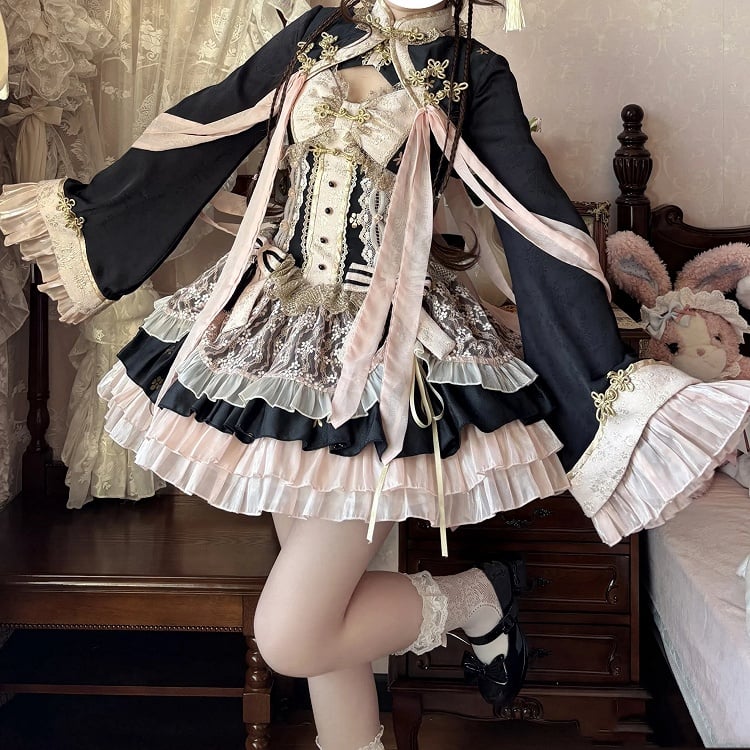 Black and Pink Chinoiserie Style Corset Dress Qi Lolita JSK Set