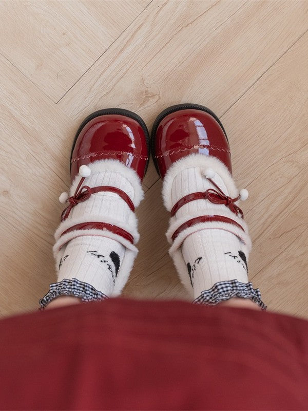 Lining Mary Bow - Sweet Pompom Lolita PU Plush with Wine Janes Mid-heel Accented Red