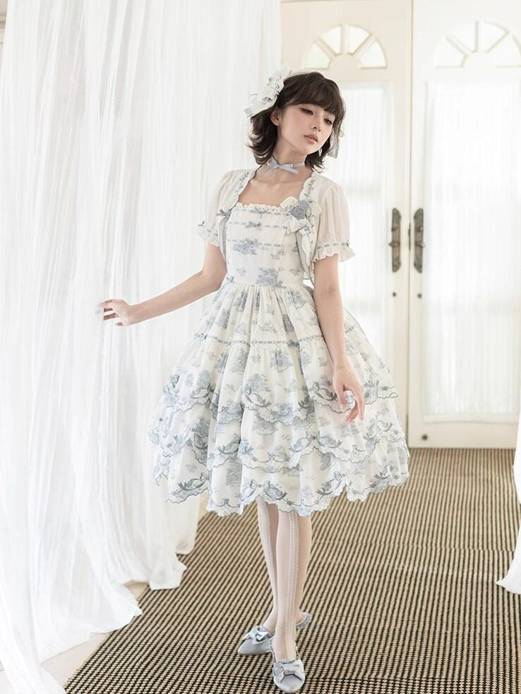 White & Blue Floral Embroidered Cape with Bow Accents - CEL