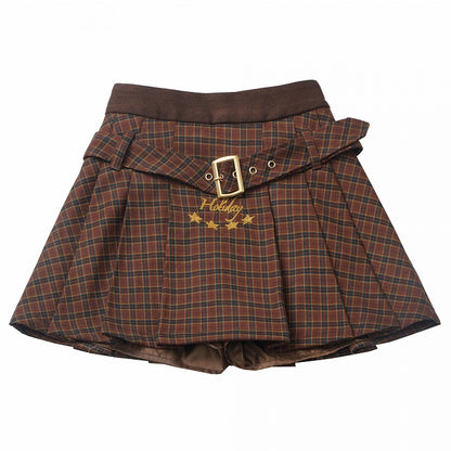 Coffee Plaid Pleated Skirt with Buckle Strap