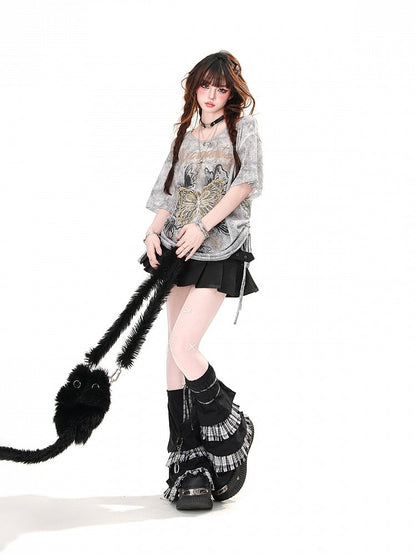 Black/Gray Butterfly Applique and Print Drawstring Waist Loose T-Shirt