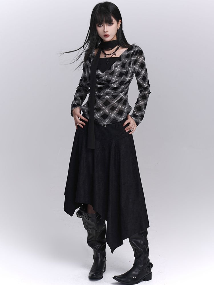 Top Faux Two-Piece Cowl Autumn Black Neck Plaid