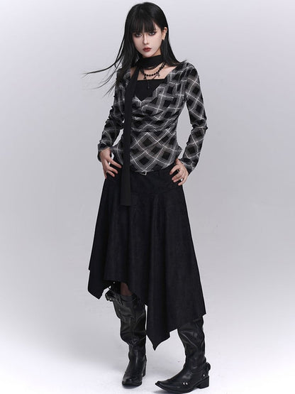 Top Faux Two-Piece Cowl Autumn Black Neck Plaid