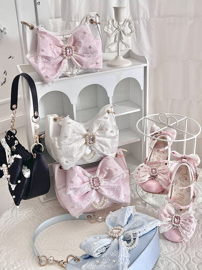 Bag Lolita in White Shoulder Sweet Rhinestone Satin Beads Embellished - Bow Lace