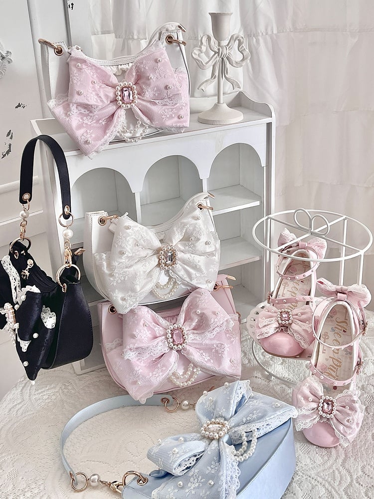 Satin Pink Lolita Underarm Bag with Lace Bow and Crystal - Sheep Puff Bag