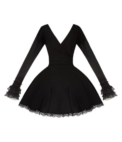 Dress Trims with V-Neck Lace Sleeves Knit Black Deep Short Long