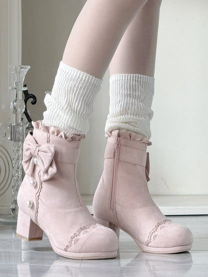 Elegant Lolita Decor Ankle Heel - with Collar Ruffle Mid Pink Boots Bead