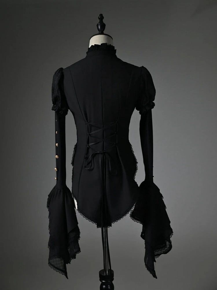 Ärmel Rüschen High Shirt Lang Schwarz High-Low Neck Jabot Saum