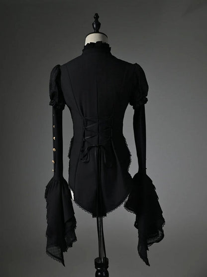 Sleeves Ruffled High Shirt Long Black High-low Neck Jabot Hem