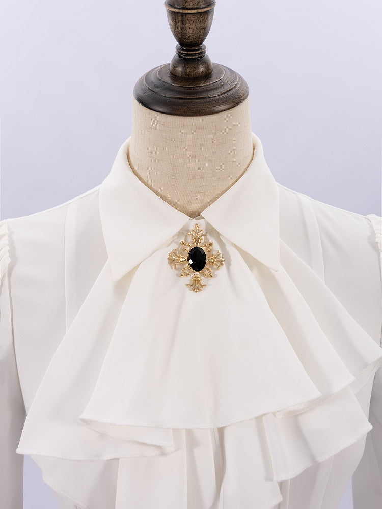 White Pleated Shirt with Foldover Collar, Ruffle Cuffs, and Jabot Tie - DevilInspired Exclusive Collection