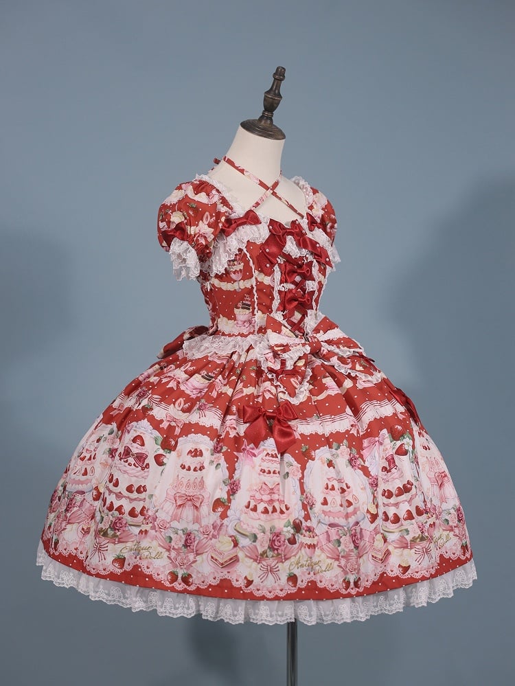Set Sweet Print / Volle Erdbeere Lolita Schleife Kuchen Kleid Akzente Rot