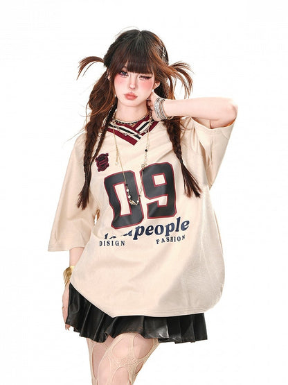 ゆったりTシャツ プリント スポーツ カーキ/ネイビーブルー プレッピースタイル Vネック ナンバー