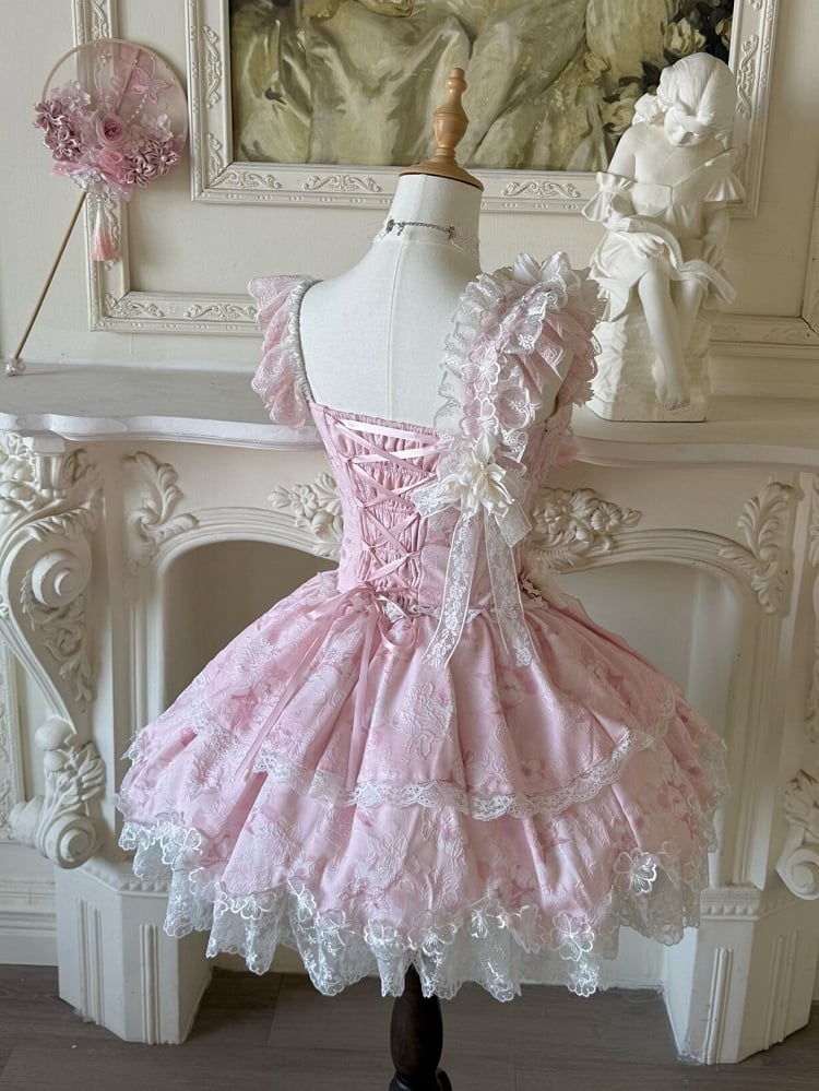 Pink Frog Version Print Jasmine-Embellished Lolita Buttons Short Corset with + Floral Top Skirt