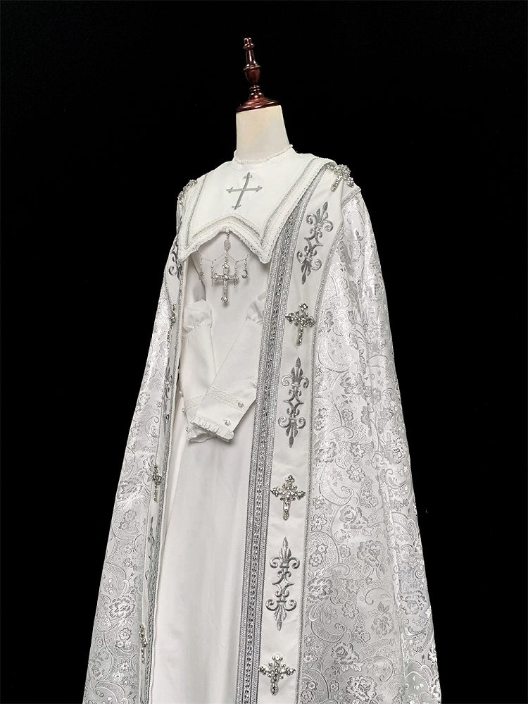 Embroidery Silver Cross Lolita Decorated Details Nun White and Cloak