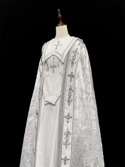Embroidery Silver Cross Lolita Decorated Details Nun White and Cloak