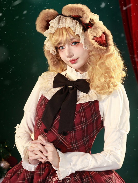 Brown Faux Fur Bear Ear Lolita Hairband with Red Plaid Inner and White Lace Trim