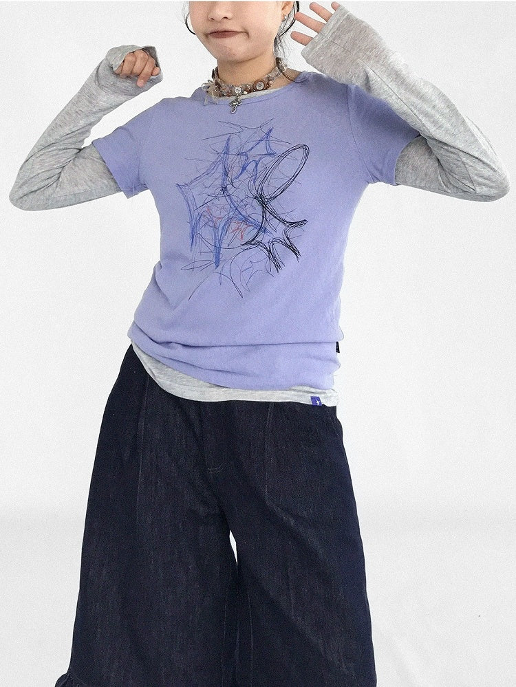 T-Shirt Short Y2K Print Round Version Sleeve Purple with - Graffiti Neck