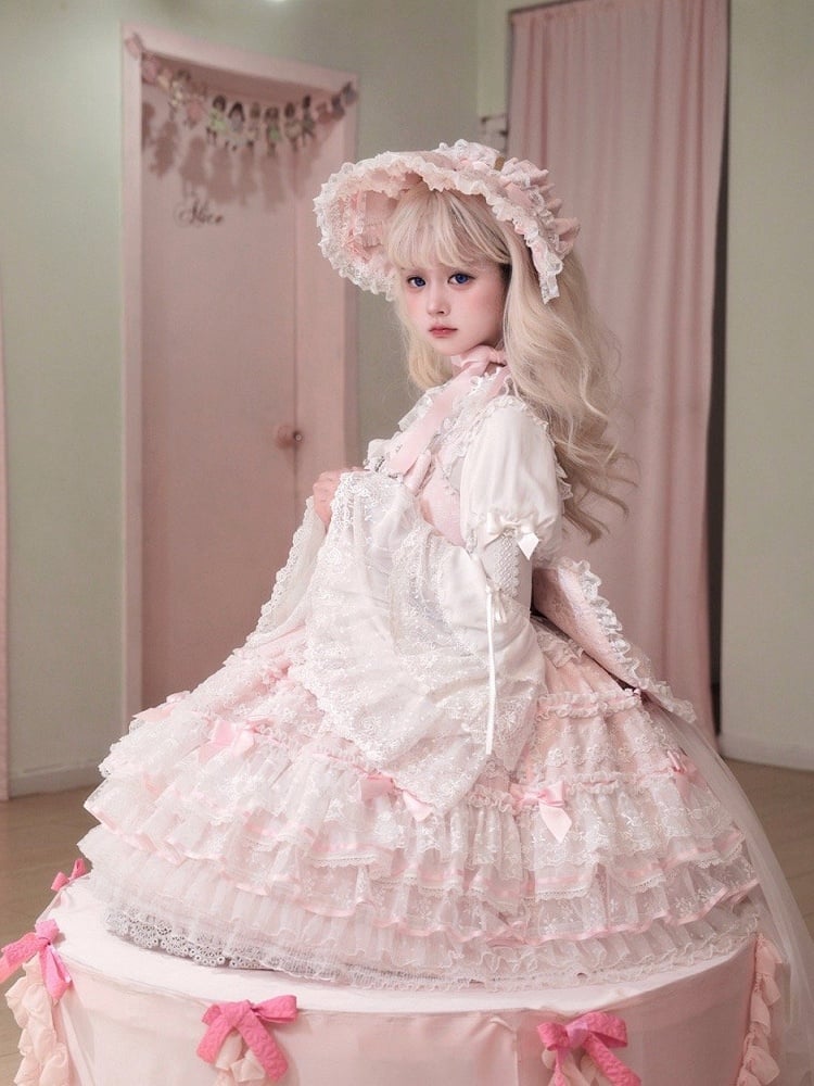 Kleid und Taillen-Lagenpullover abnehmbar mit Hanayome Pink Bows Ausschnitt Rock Lolita Hime auf
