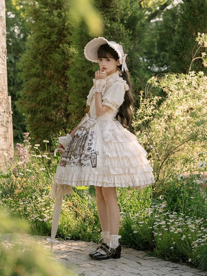 Beige Brown Bunny Print Ruffle Sweet Lolita Jumper Skirt with Bows - NnSTAR