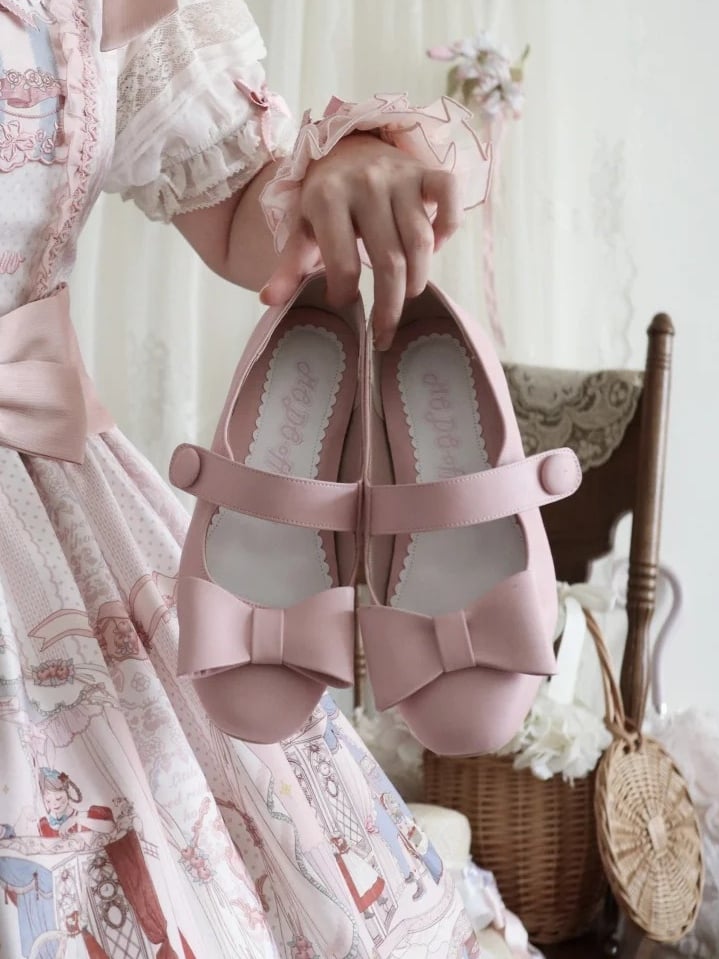 Pink Accent with Elegant Delicate Bow Low Lolita Heels
