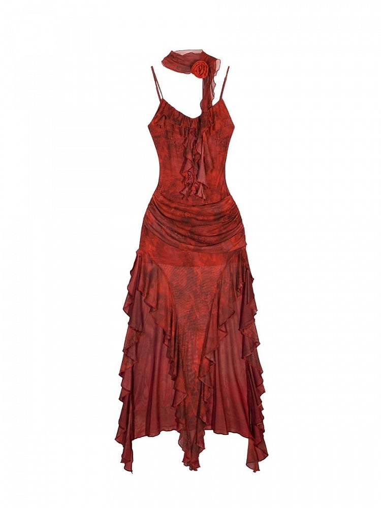 Red Floral Print Sleeveless Summer Dress with Irregular Ruffle Hem