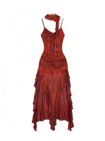 Red Floral Print Sleeveless Summer Dress with Irregular Ruffle Hem