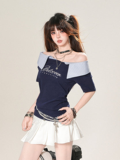 Collar Neckline Navy Foldover Blue Striped Print - T-Shirt with Asymmetrical Glamorous Letter