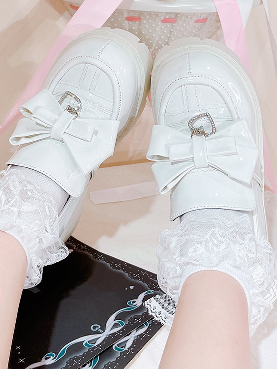 Featuring with White Kei High Bow Block Loafers Polished - Heels Charm PU Jirai Heart Slip-On