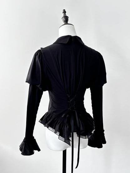 Black Juliette Sleeves Moth Wings Shaped Collar Blouse