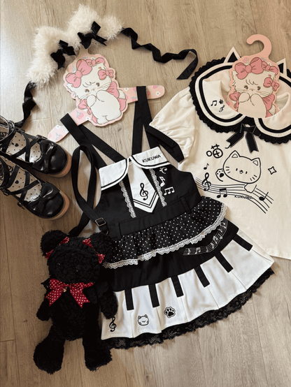 and / T-shirt Kitten Collar White Dress Peter Key' - Black Pan Overall Pleats Adorable 'Piano Box with Print Soft