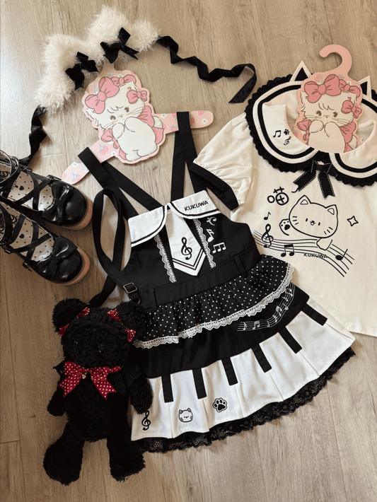 and / T-shirt Kitten Collar White Dress Peter Key' - Black Pan Overall Pleats Adorable 'Piano Box with Print Soft