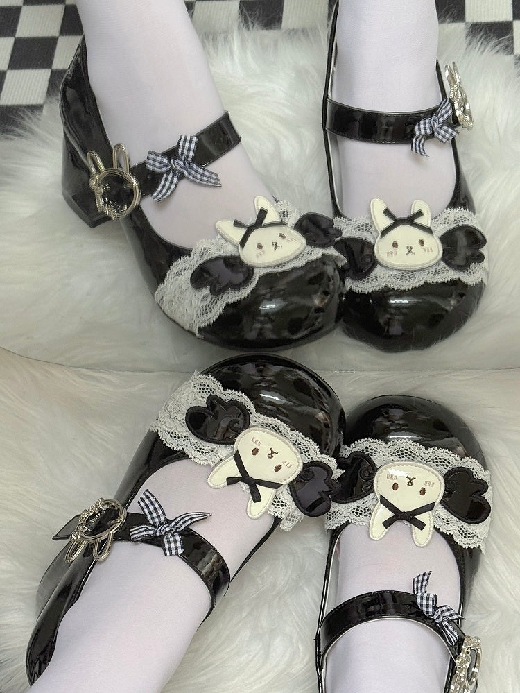 Wings Motif Decor Sweet Rabbit Lolita Black Bunny Themed Shoes with