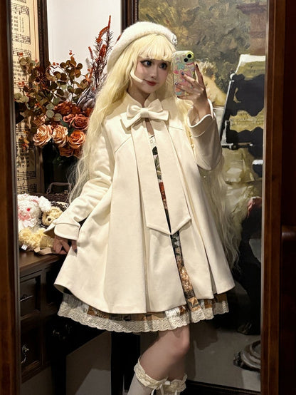 with High-Low Gothic White Lolita Pin Woolen Coat Bow