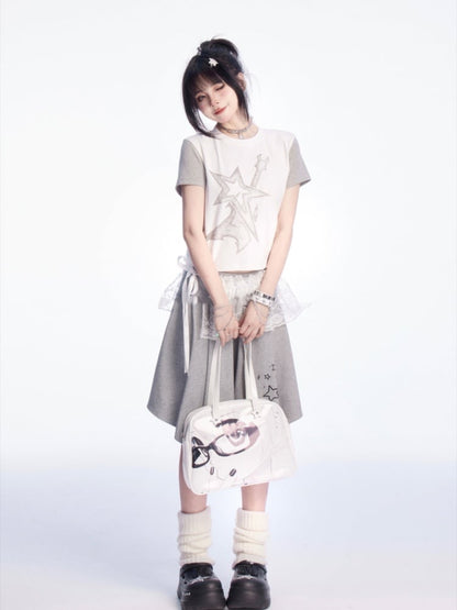 グレーのカラーブロックデザインY2KスタープリントTシャツとホワイト