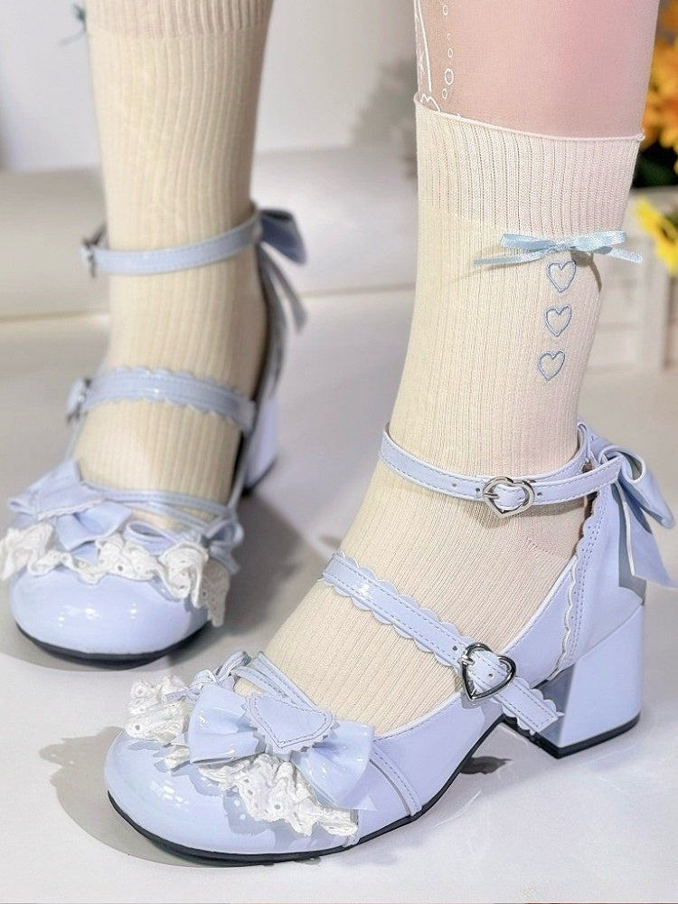 Süße Schnalle mit Schleife Schuhe Janes - Lacework Lolita Details Blue Heart Mary