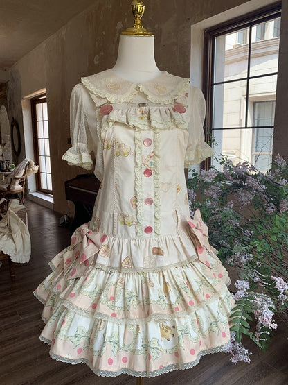 Print Dress Sweet with Waist Tiered Dropped Toys Hood Ears Skirt Bear Lolita Overall